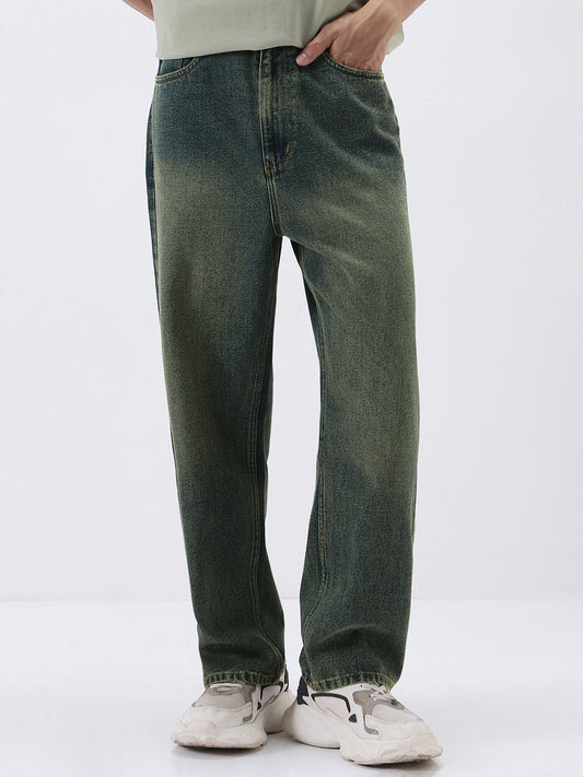 Men's Blue Loose Baggy Fit Heavy Washed Jeans Non-Stretchable