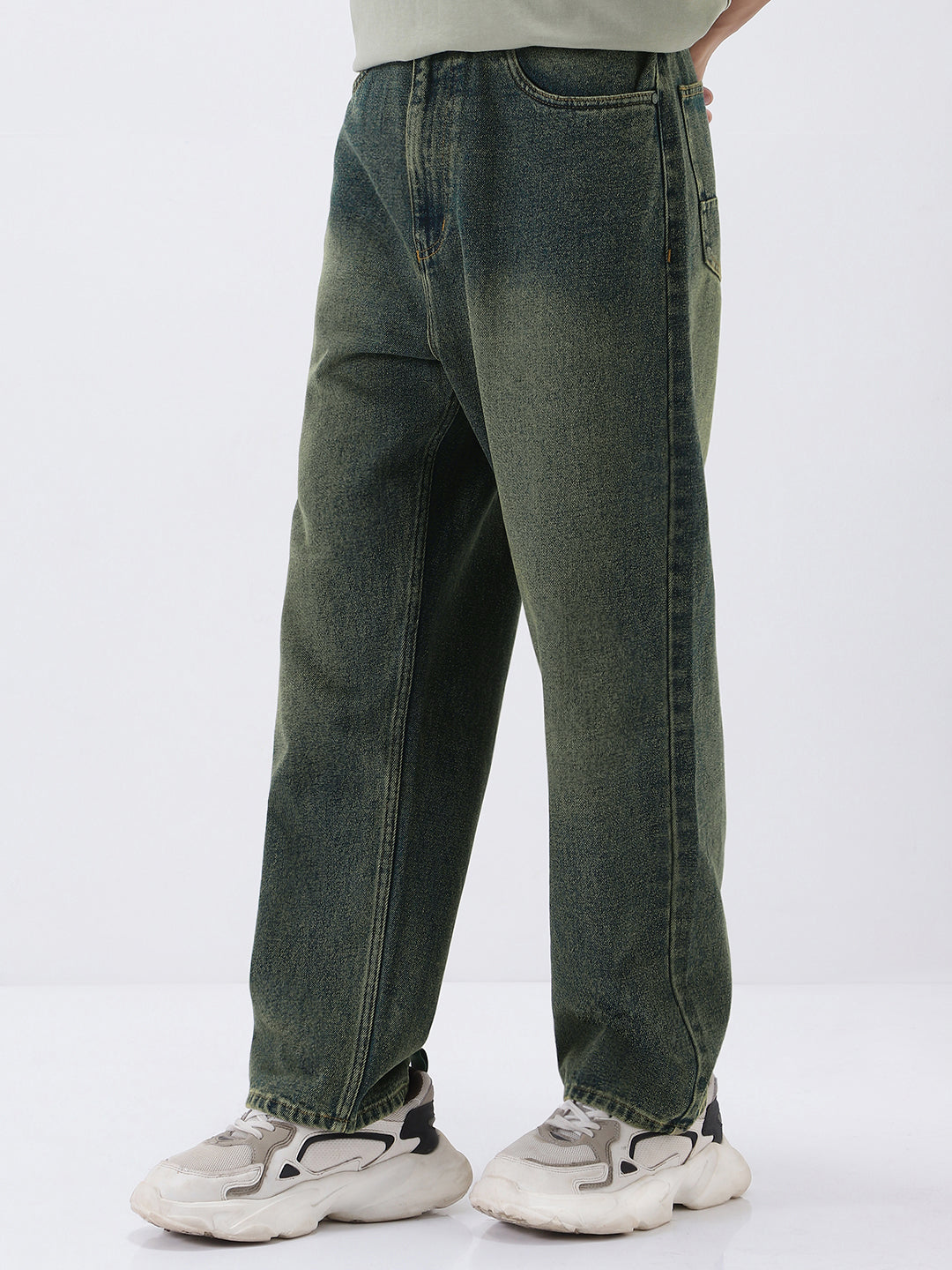 Men's Blue Loose Baggy Fit Heavy Washed Jeans Non-Stretchable