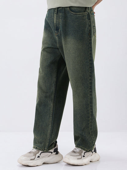 Men's Blue Loose Baggy Fit Heavy Washed Jeans Non-Stretchable
