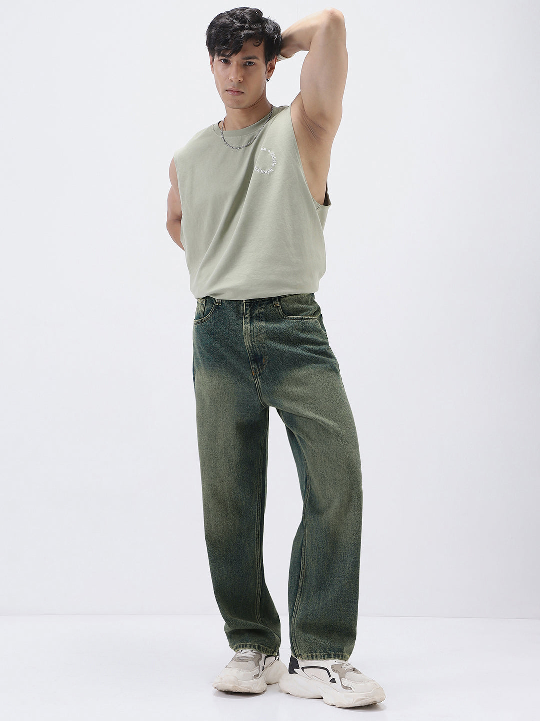 Men's Blue Loose Baggy Fit Heavy Washed Jeans Non-Stretchable