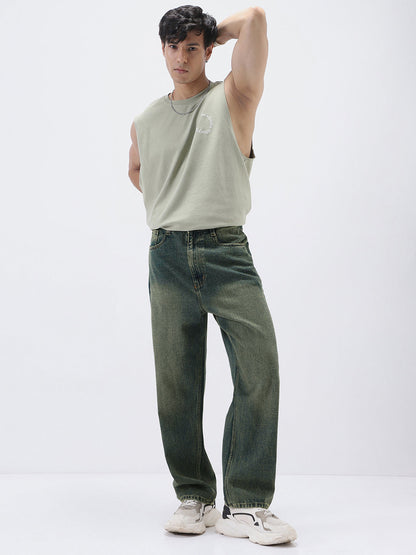 Men's Blue Loose Baggy Fit Heavy Washed Jeans Non-Stretchable