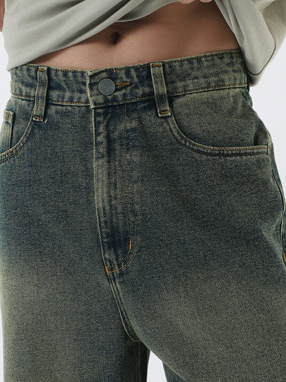 Men's Blue Loose Baggy Fit Heavy Washed Jeans Non-Stretchable