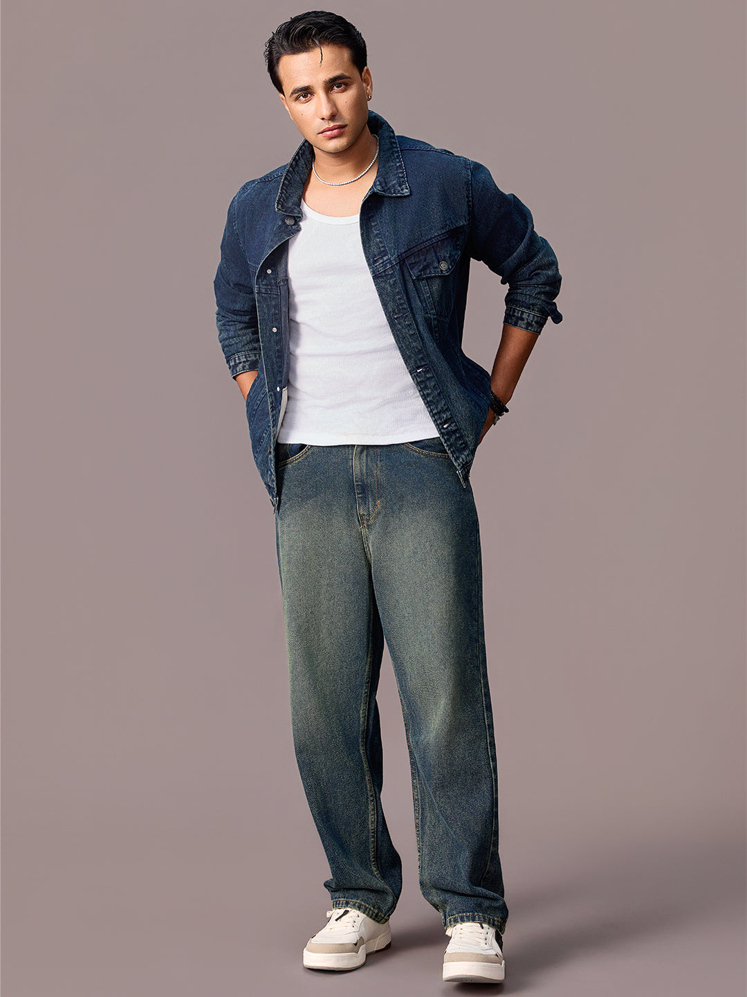 Men's Blue Loose Baggy Fit Heavy Washed Jeans Non-Stretchable