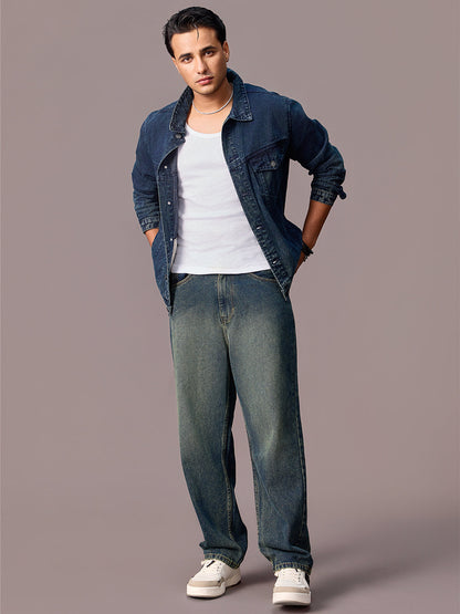 Men's Blue Loose Baggy Fit Heavy Washed Jeans Non-Stretchable