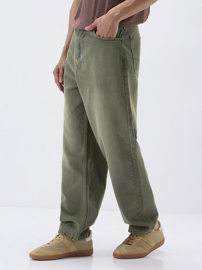 Men's Grey Loose Baggy Fit Heavy Washed Jeans Non-Stretchable