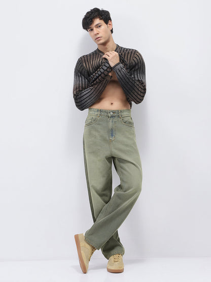 Men's Grey Loose Baggy Fit Heavy Washed Jeans Non-Stretchable