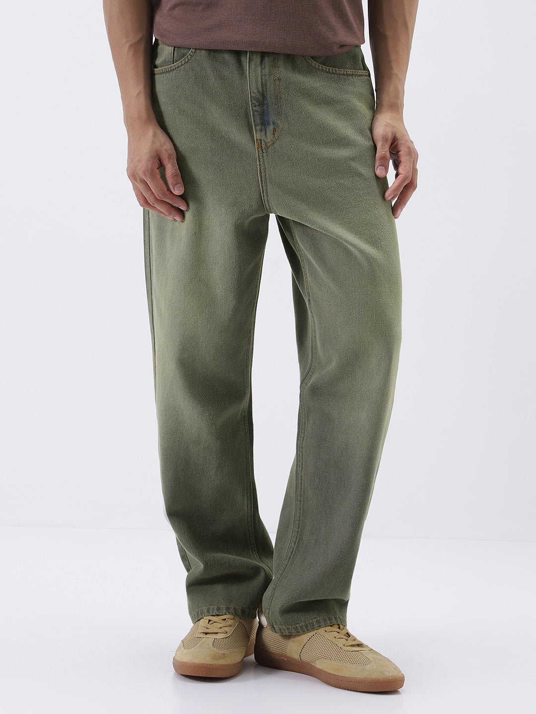 Men's Grey Loose Baggy Fit Heavy Washed Jeans Non-Stretchable