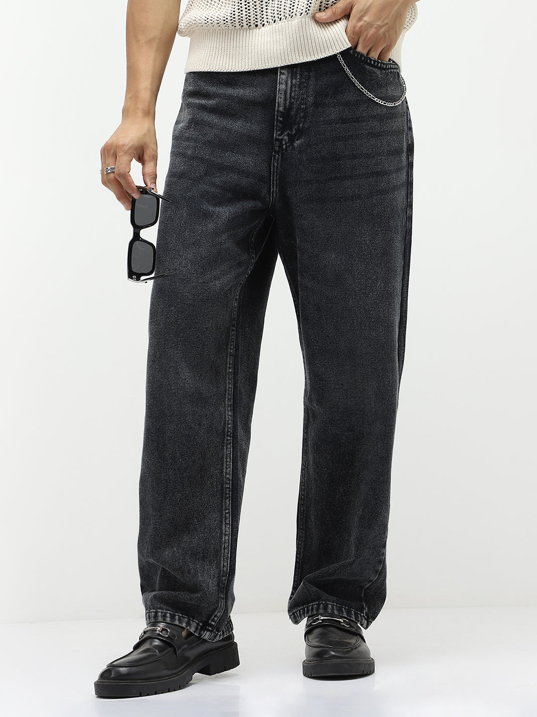 Men's Black Loose Baggy Fit Heavy Washed Jeans Non-Stretchable