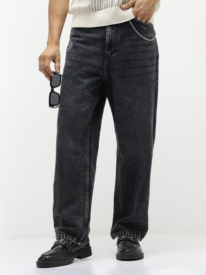 Men's Black Loose Baggy Fit Heavy Washed Jeans Non-Stretchable