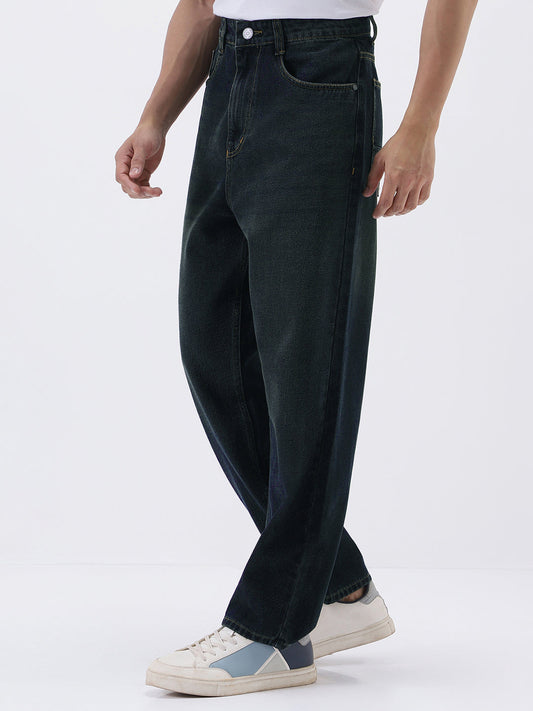 Men's Carbon Blue Loose Baggy Fit Heavy Washed Jeans Non-Stretchable