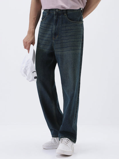 Men's Dark Blue Loose Baggy Fit Heavy Washed Jeans Non-Stretchable