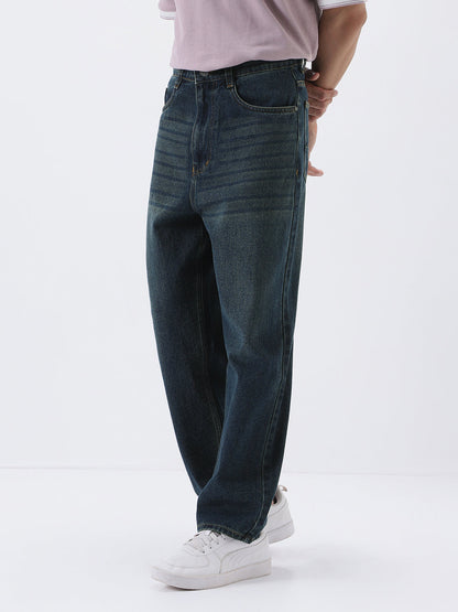Men's Dark Blue Loose Baggy Fit Heavy Washed Jeans Non-Stretchable