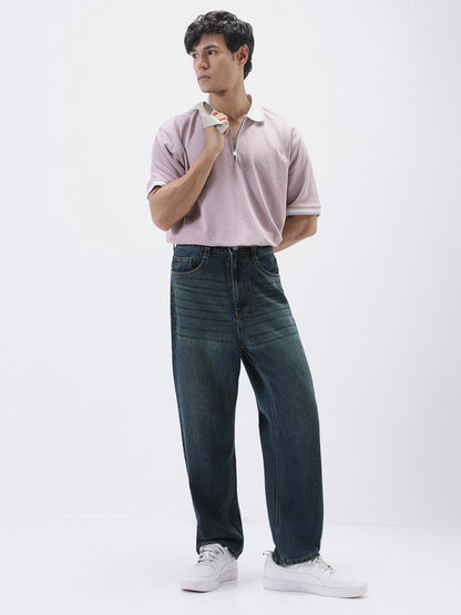 Men's Dark Blue Loose Baggy Fit Heavy Washed Jeans Non-Stretchable