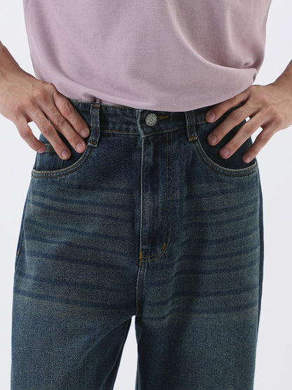 Men's Dark Blue Loose Baggy Fit Heavy Washed Jeans Non-Stretchable