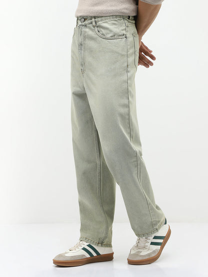 Men's Ice Grey Loose Baggy Fit Heavy Washed Jeans Non-Stretchable