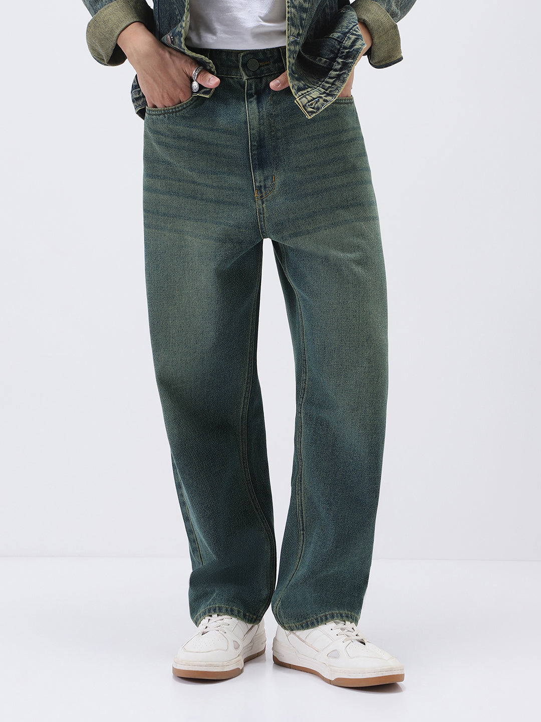 Men's Light Blue Loose Baggy Fit Heavy Washed Jeans Non-Stretchable