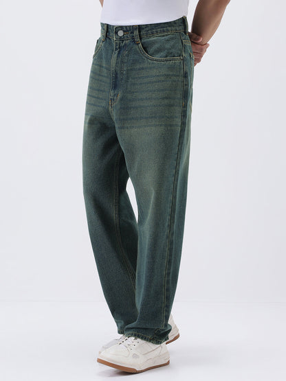 Men's Light Blue Loose Baggy Fit Heavy Washed Jeans Non-Stretchable