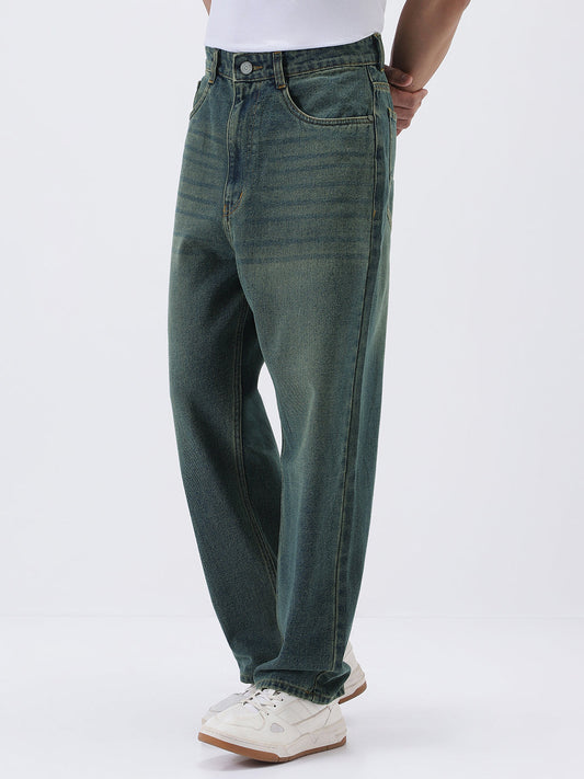 Men's Light Blue Loose Baggy Fit Heavy Washed Jeans Non-Stretchable
