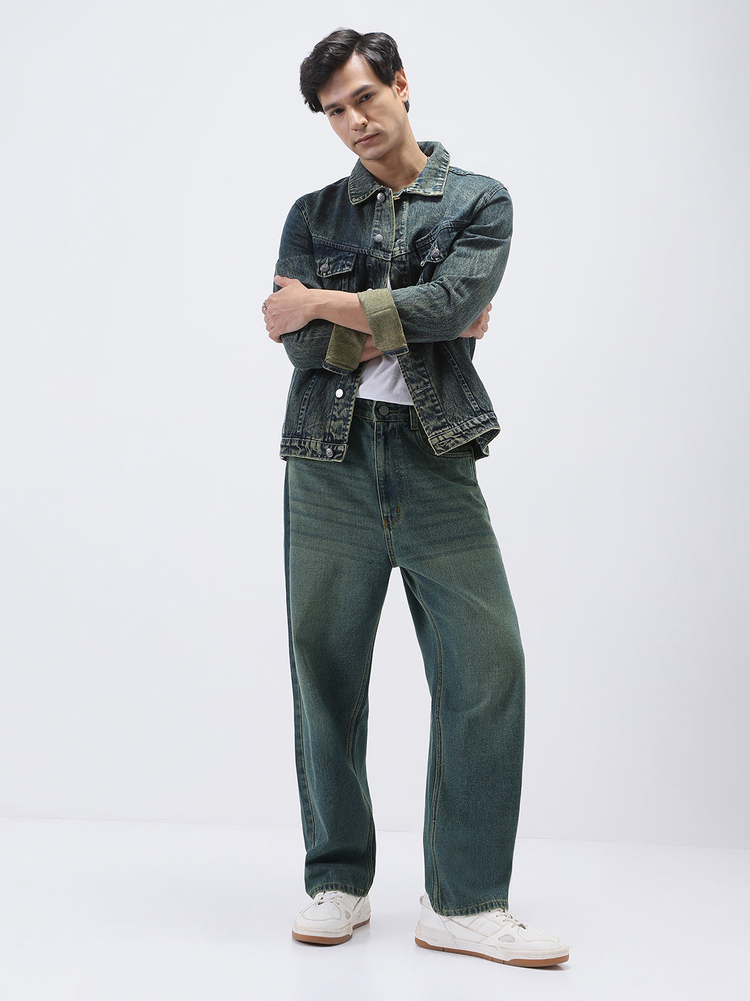 Men's Light Blue Loose Baggy Fit Heavy Washed Jeans Non-Stretchable