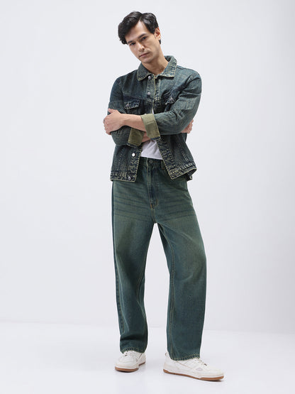 Men's Light Blue Loose Baggy Fit Heavy Washed Jeans Non-Stretchable