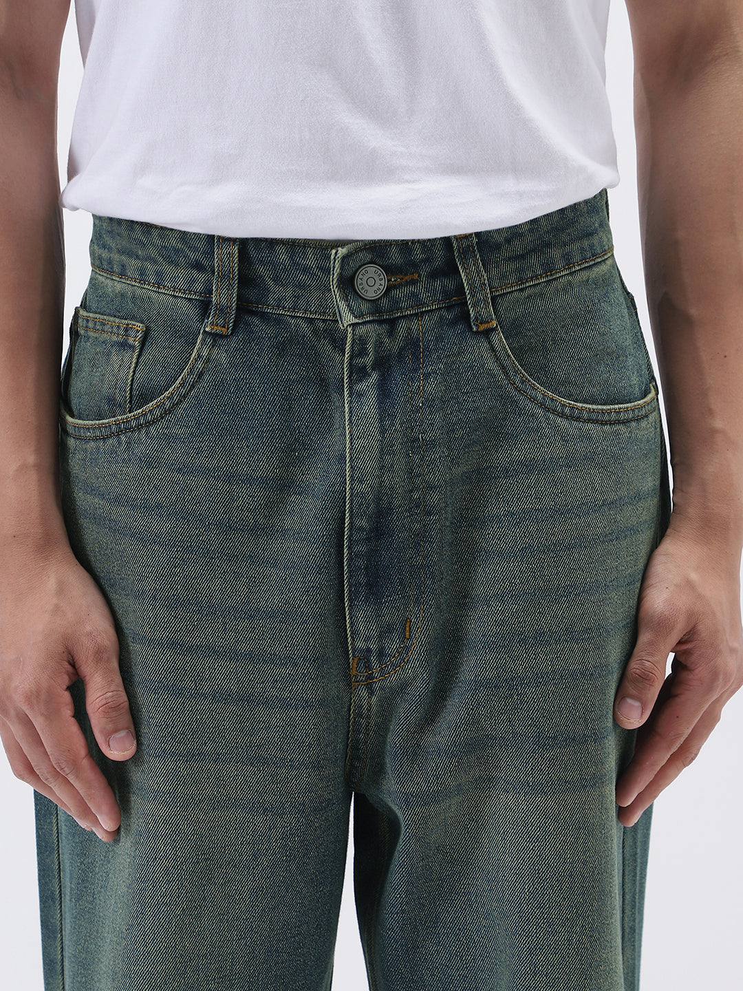 Men's Light Blue Loose Baggy Fit Heavy Washed Jeans Non-Stretchable