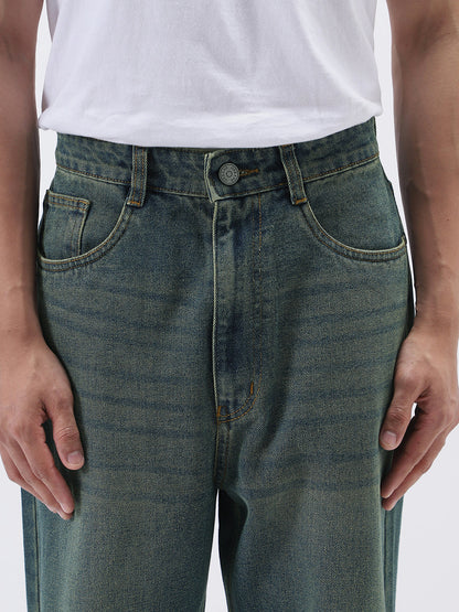 Men's Light Blue Loose Baggy Fit Heavy Washed Jeans Non-Stretchable
