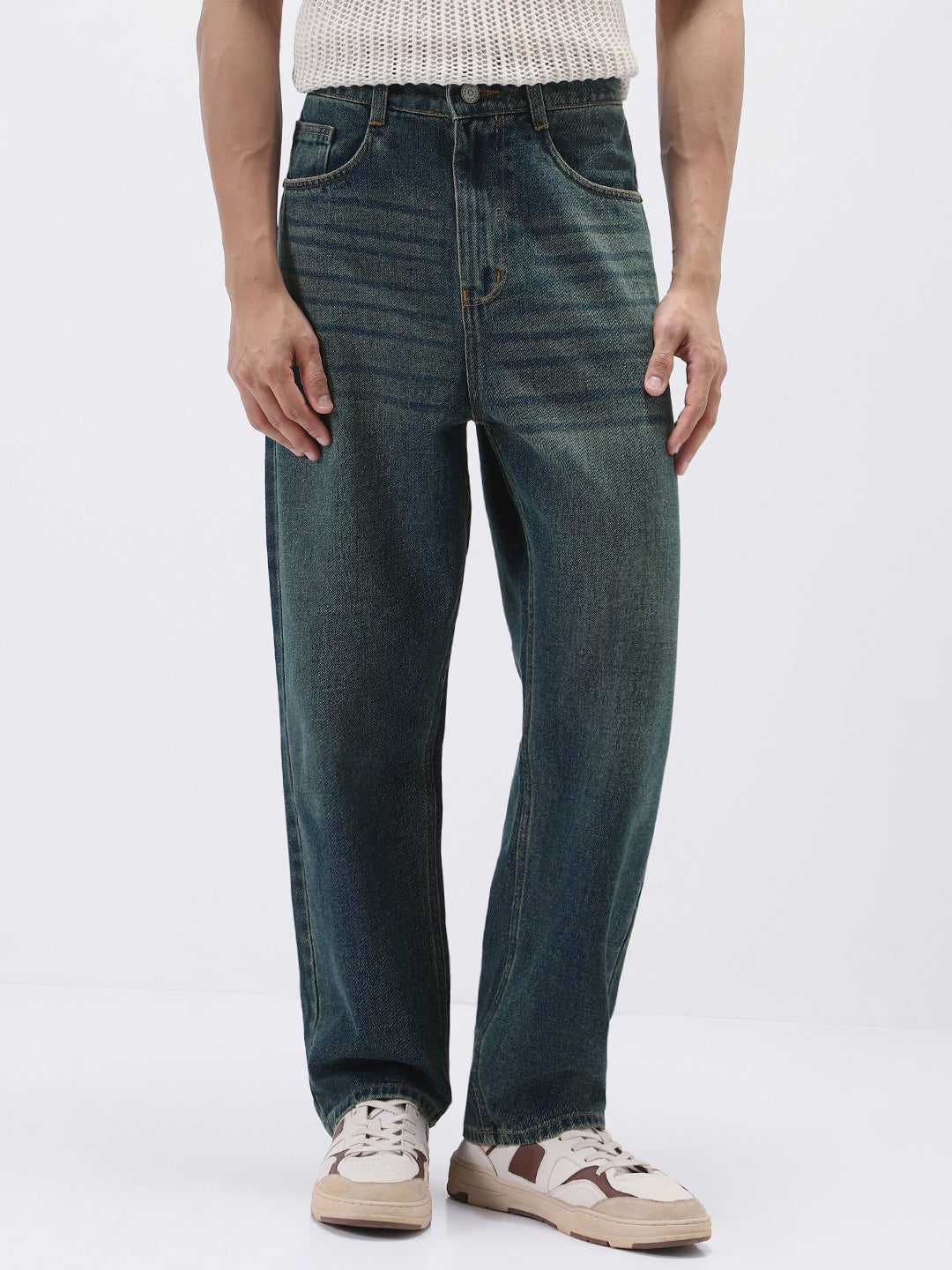 Men's Blue Loose Baggy Fit Heavy Washed Jeans Non-Stretchable