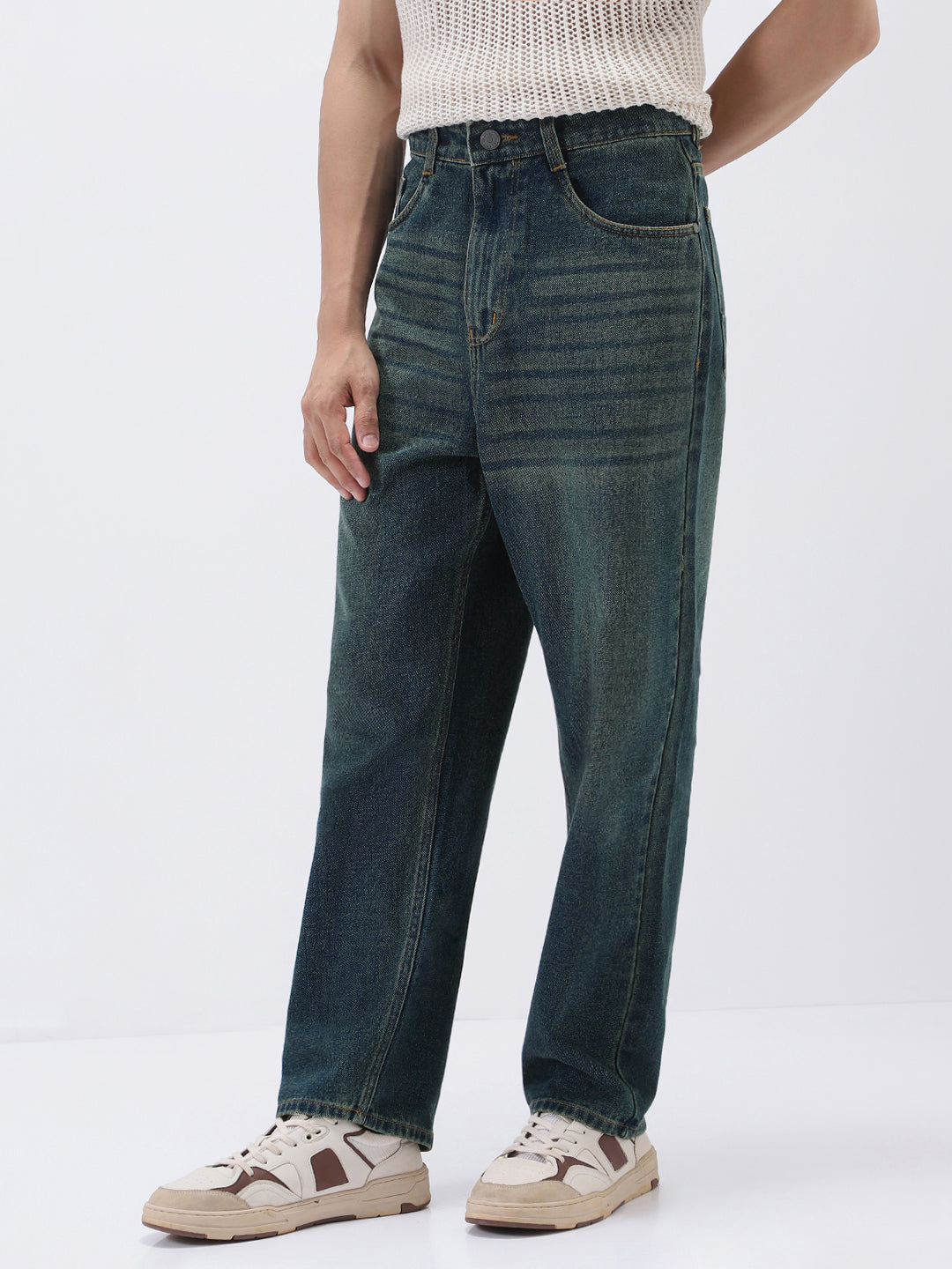 Men's Blue Loose Baggy Fit Heavy Washed Jeans Non-Stretchable