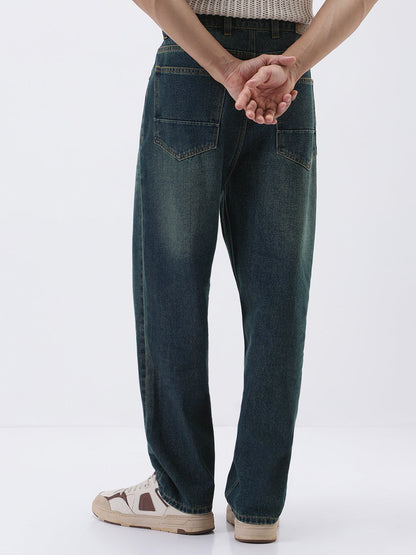 Men's Blue Loose Baggy Fit Heavy Washed Jeans Non-Stretchable