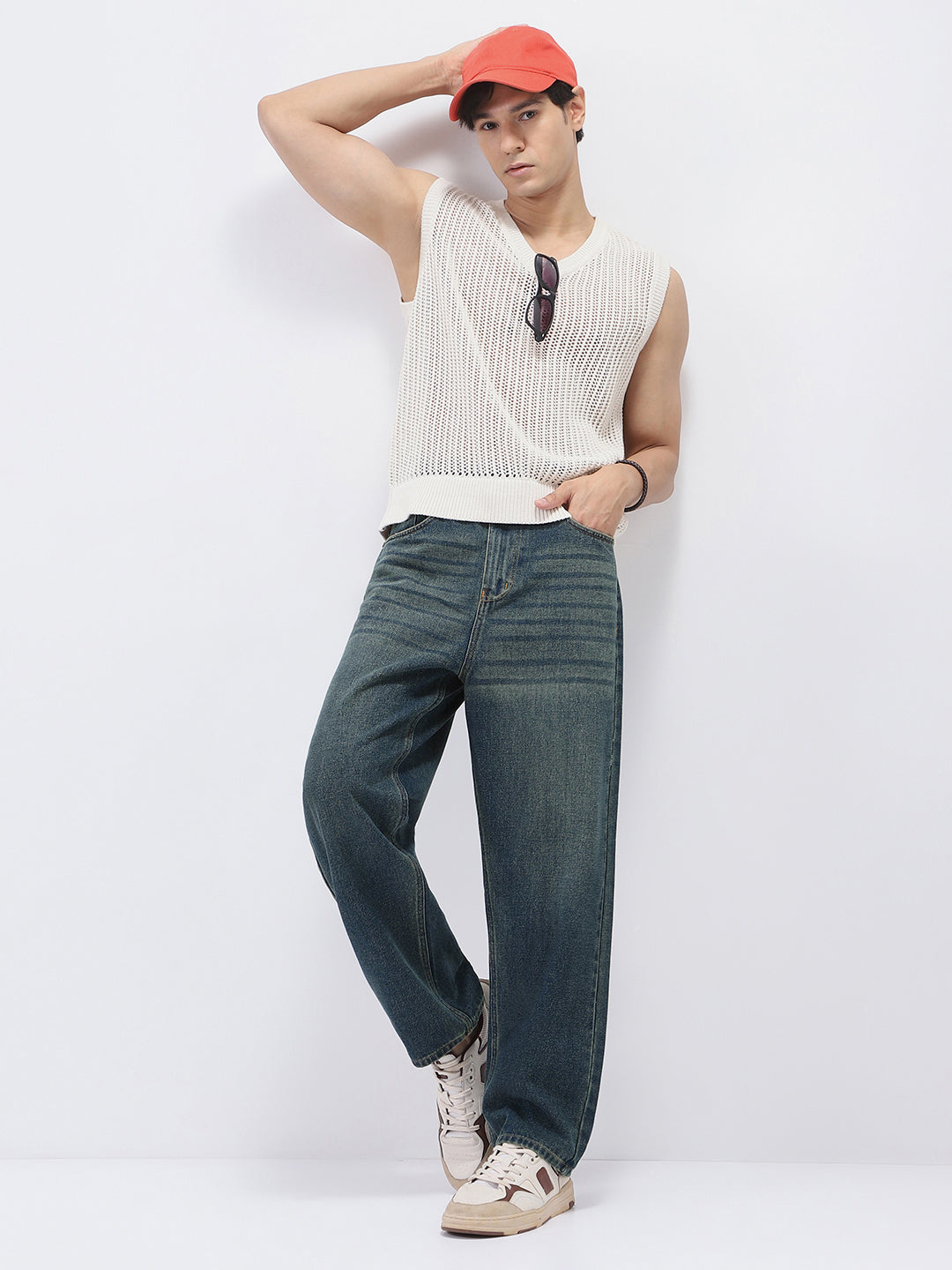 Men's Blue Loose Baggy Fit Heavy Washed Jeans Non-Stretchable