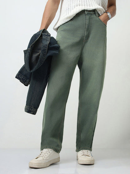 Men's Grey Loose Baggy Fit Heavy Washed Jeans Non-Stretchable