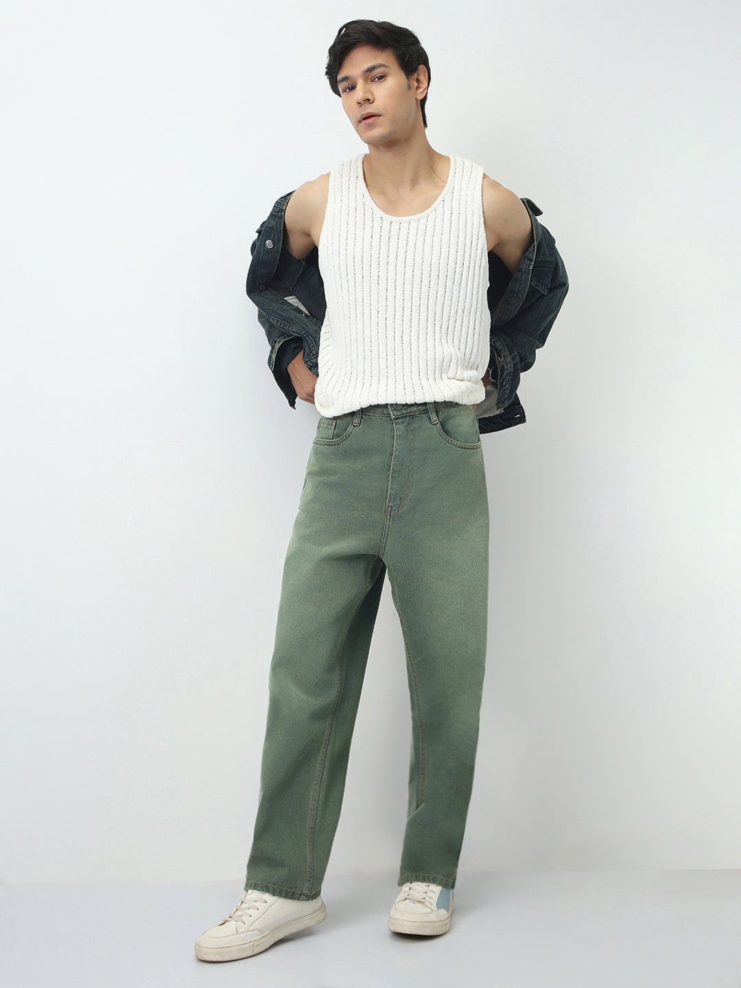 Men's Grey Loose Baggy Fit Heavy Washed Jeans Non-Stretchable