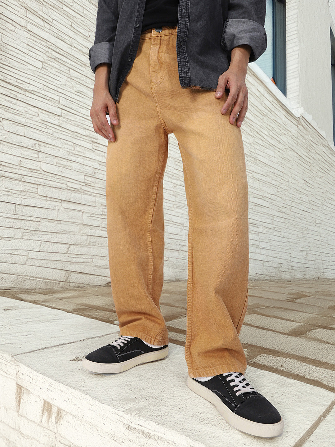 Men's Khaki Loose Baggy Fit Washed Jeans Non-Stretchable