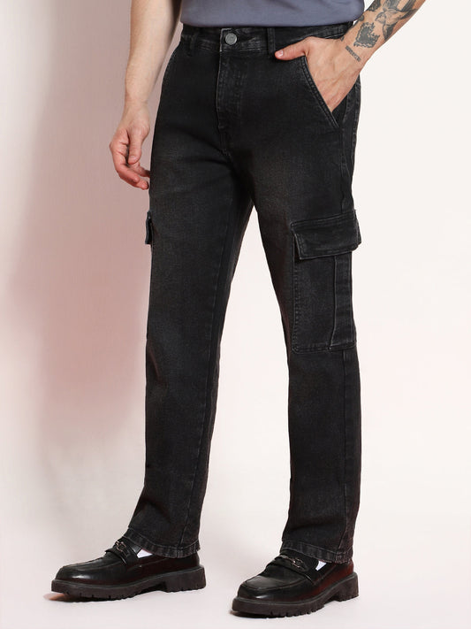 Men's Black Regular Fit Washed Cargo Jeans With 6 Pockets Stretchable