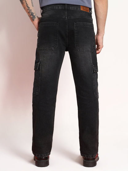 Men's Black Regular Fit Washed Cargo Jeans With 6 Pockets Stretchable