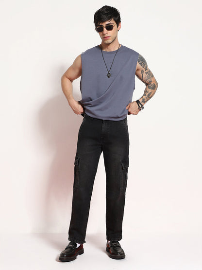 Men's Black Regular Fit Washed Cargo Jeans With 6 Pockets Stretchable
