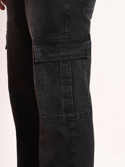 Men's Black Regular Fit Washed Cargo Jeans With 6 Pockets Stretchable