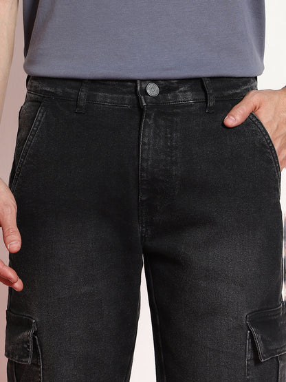 Men's Black Regular Fit Washed Cargo Jeans With 6 Pockets Stretchable