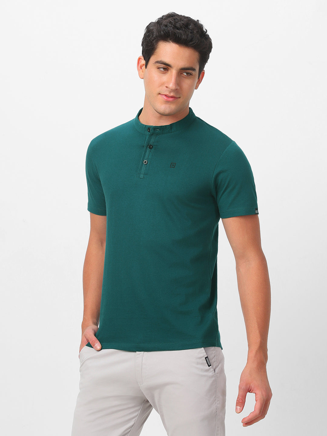 Men's Dark Green Solid Mandarin Collar Slim Fit Cotton T-Shirt