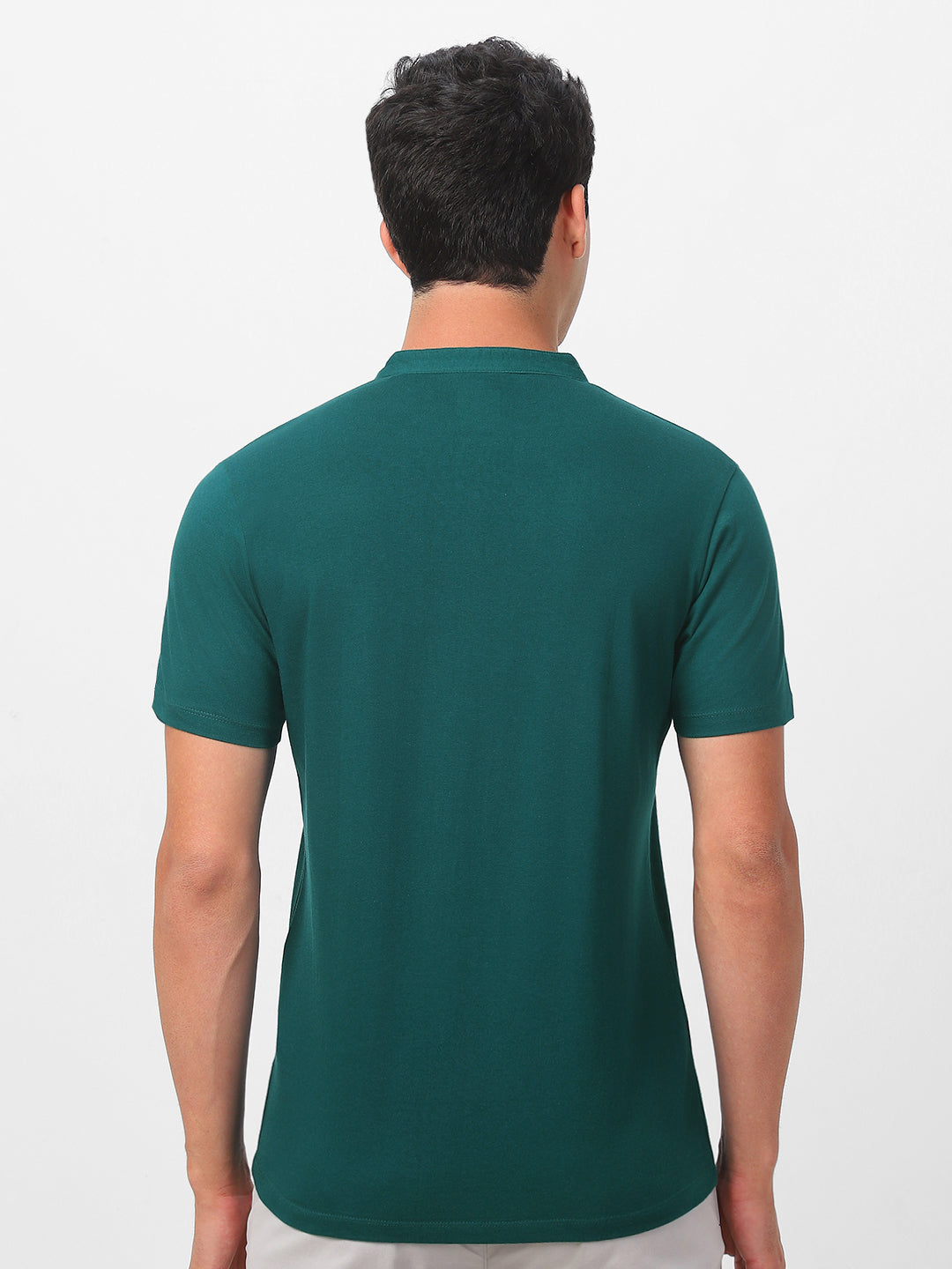Men's Dark Green Solid Mandarin Collar Slim Fit Cotton T-Shirt