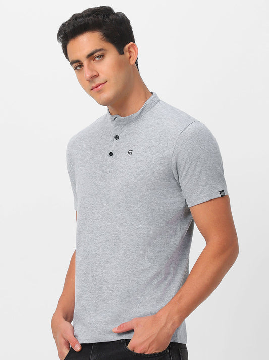 Men's Grey Melange Solid Mandarin Collar Slim Fit Half Sleeve Cotton T-Shirt
