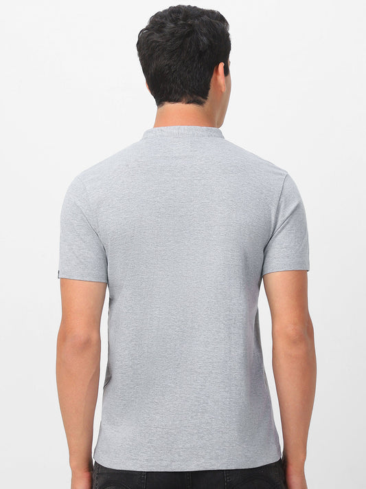 Men's Grey Melange Solid Mandarin Collar Slim Fit Half Sleeve Cotton T-Shirt