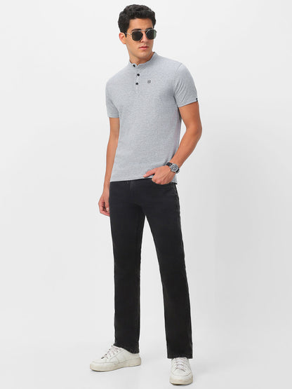 Men's Grey Melange Solid Mandarin Collar Slim Fit Half Sleeve Cotton T-Shirt