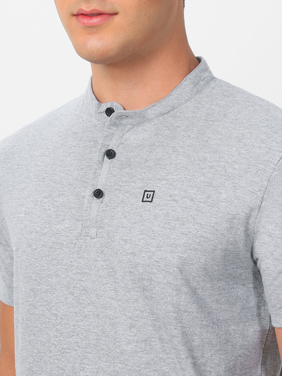 Men's Grey Melange Solid Mandarin Collar Slim Fit Half Sleeve Cotton T-Shirt