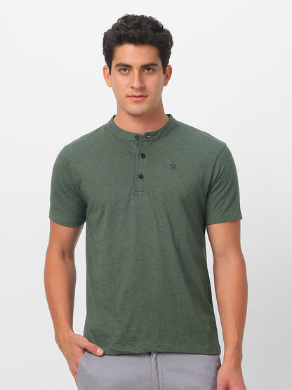 Men's Green Melange Solid Mandarin Collar Slim Fit Half Sleeve Cotton T-Shirt