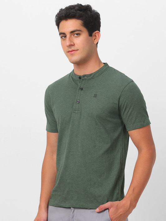 Men's Green Melange Solid Mandarin Collar Slim Fit Half Sleeve Cotton T-Shirt