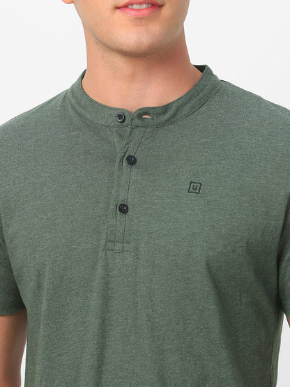 Men's Green Melange Solid Mandarin Collar Slim Fit Half Sleeve Cotton T-Shirt