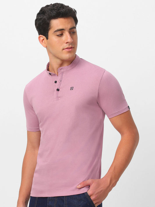 Men's Lilac Solid Mandarin Collar Slim Fit Half Sleeve Cotton T-Shirt