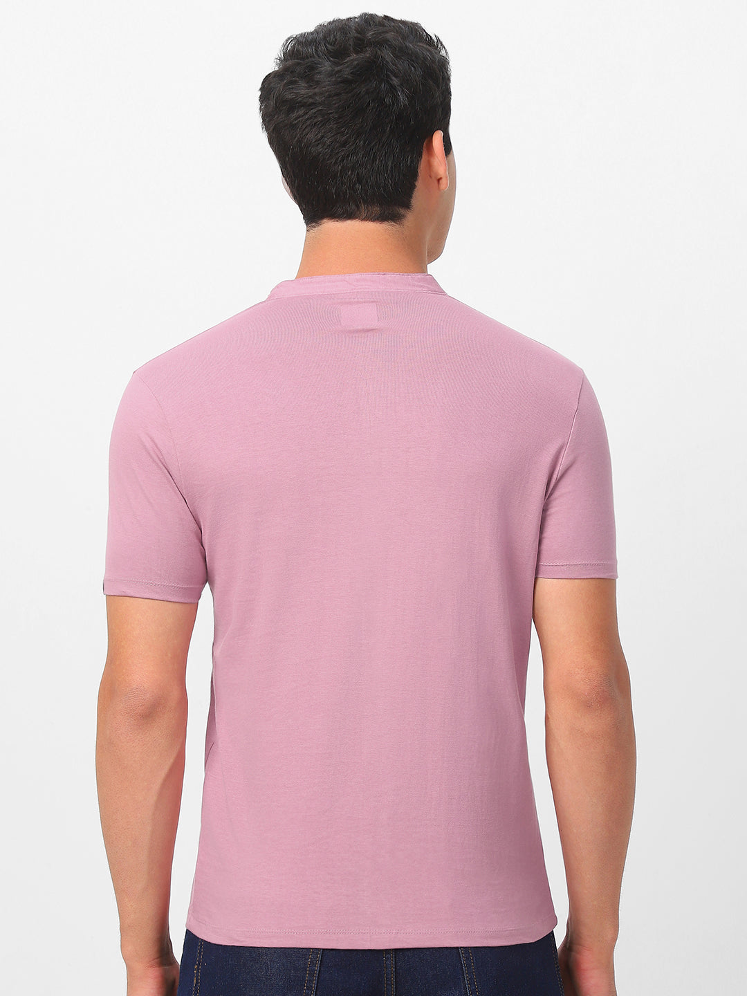 Men's Lilac Solid Mandarin Collar Slim Fit Half Sleeve Cotton T-Shirt