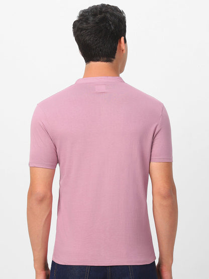 Men's Lilac Solid Mandarin Collar Slim Fit Half Sleeve Cotton T-Shirt